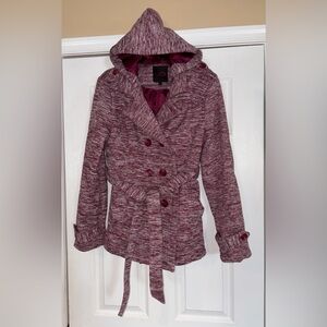 Yoki Marled Burgundy Double-Breasted Pea Coat with Belt women xl